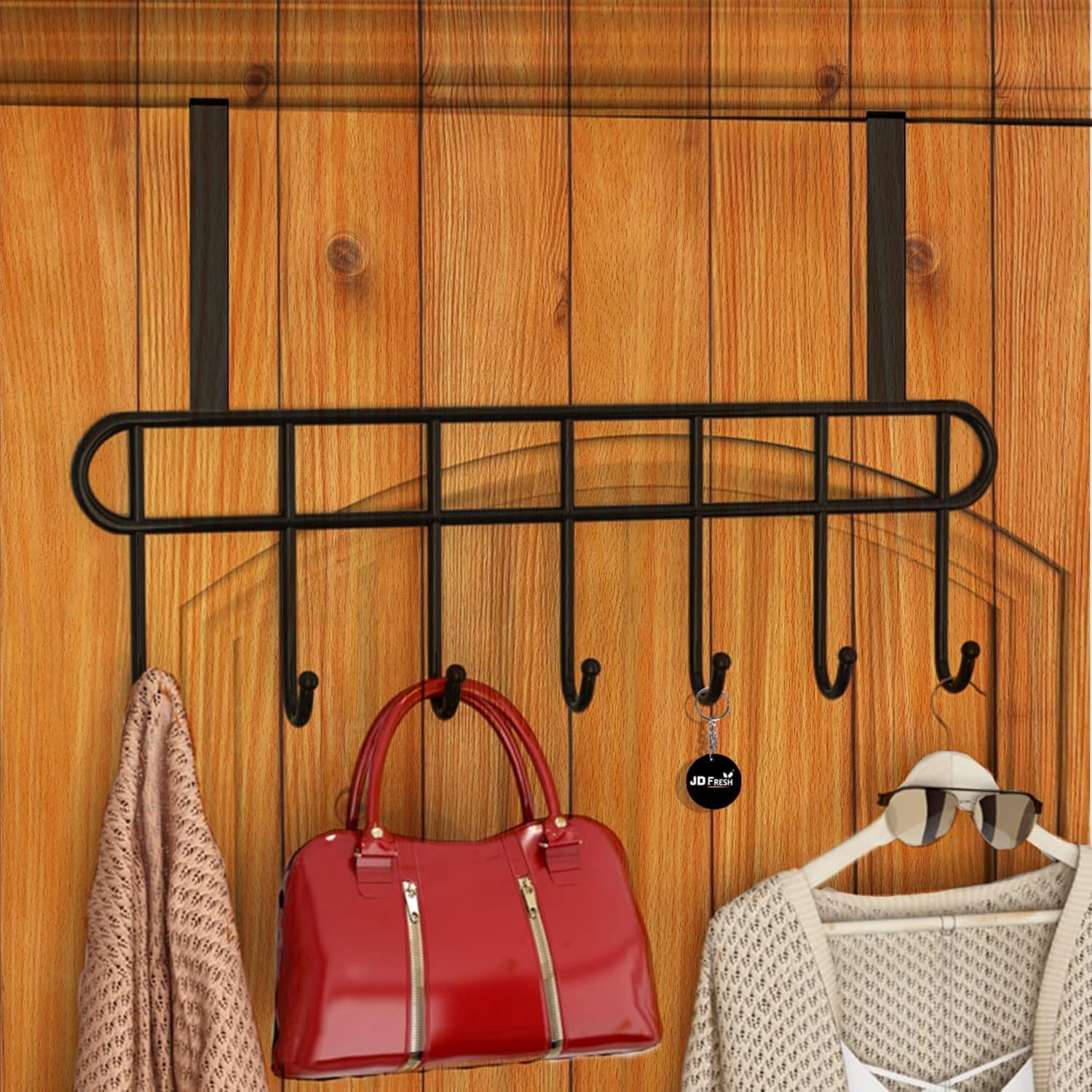 Lazer Over The Door Hook Hanger, Hanging Organizer Rack Steel Door Hook Hanger Wall Hook Rack (7 Hooks) (Black)