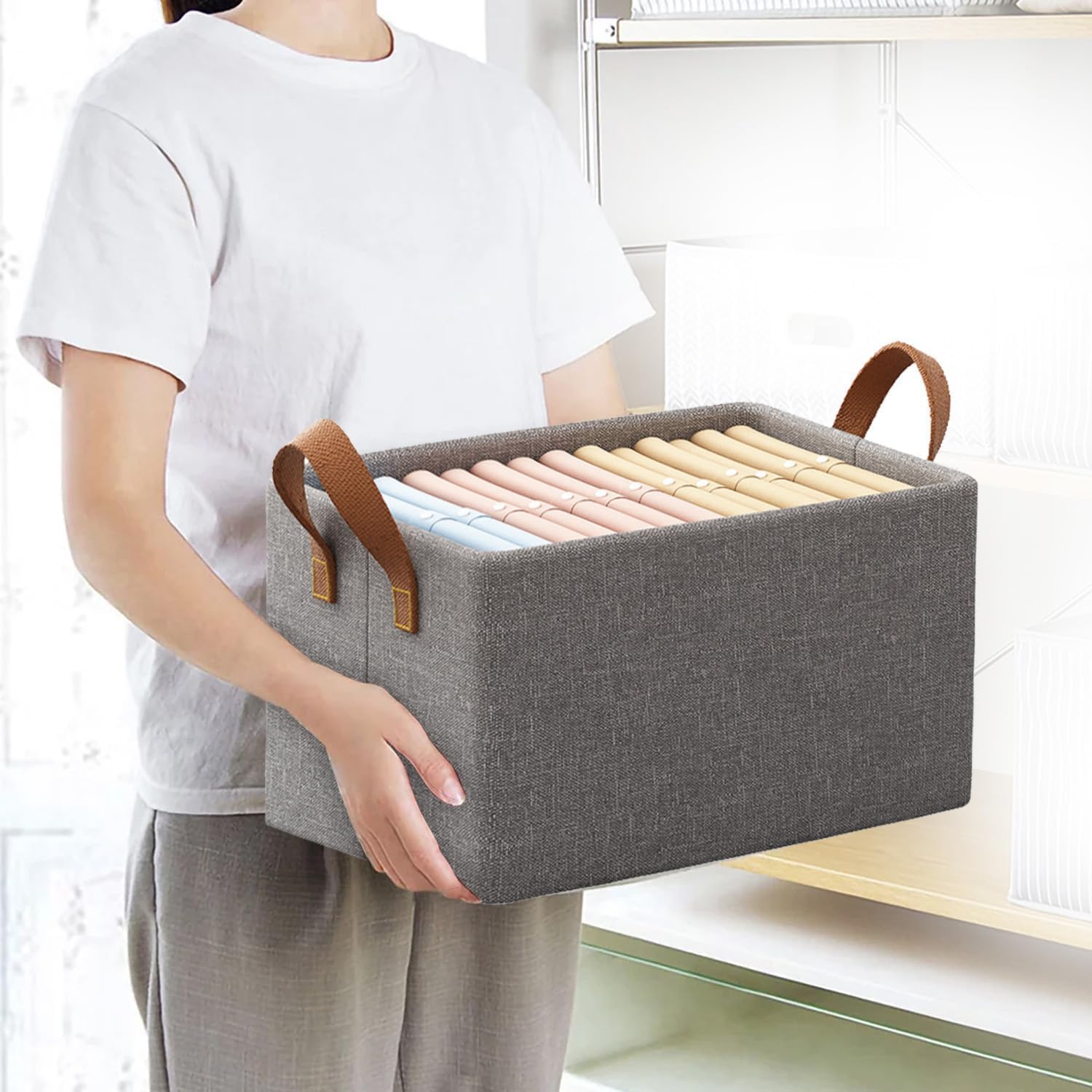 Lazer Collapsible Fabric Storage Cubes Organizer Foldable Storage Basket for Organizing Toys, Books, Shelves, Wardrobe, Closet, Large Storage Box with Handles and Steel Frame Case (Without Closure)
