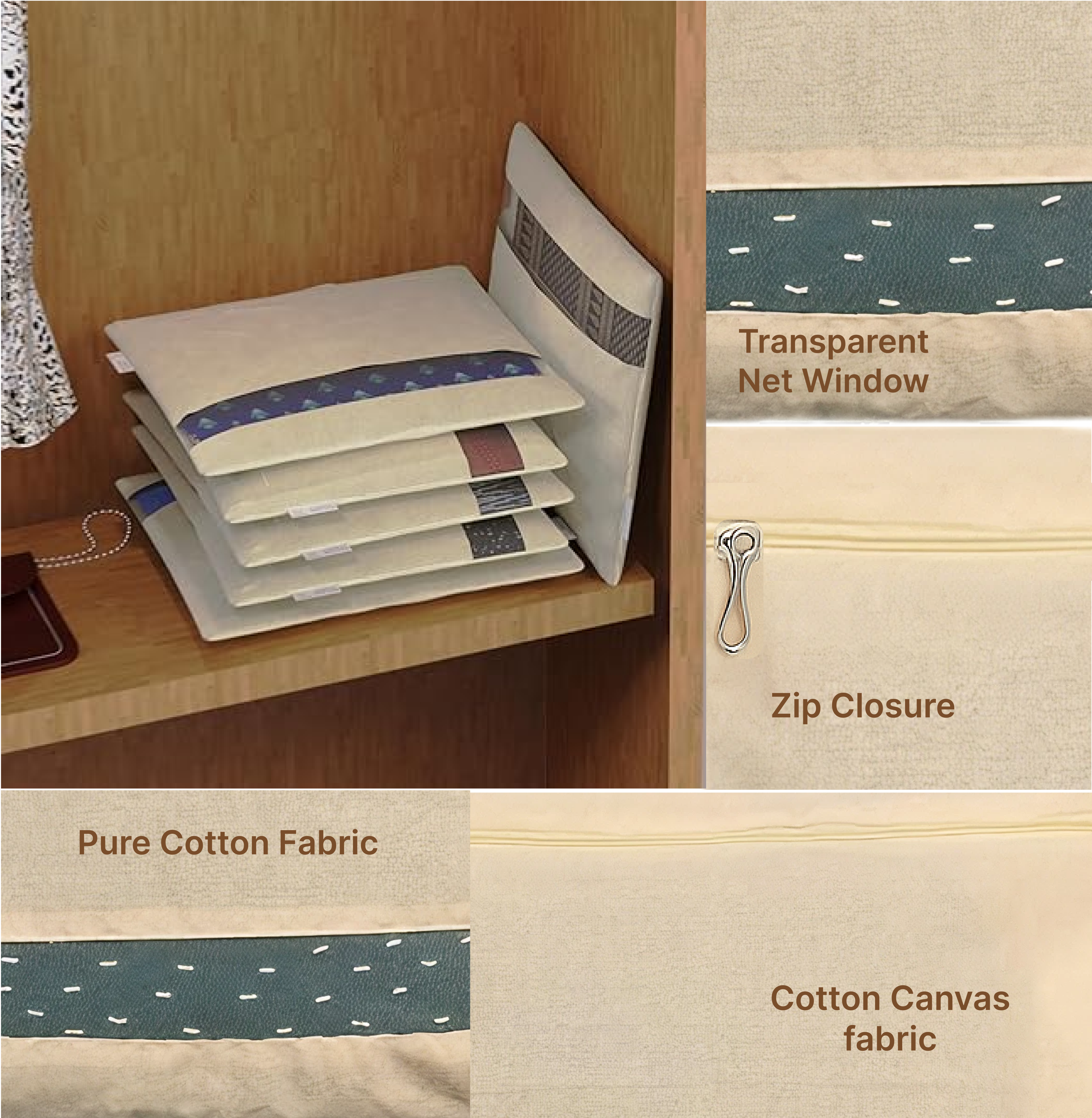 Lazer Cotton Saree Bags/ Covers For Storage Big Size Single (16 X 14 Inch) With Zip Closure For Clothes Bags And Wardrobe Organizer With Transparent Mesh Window Set of 6