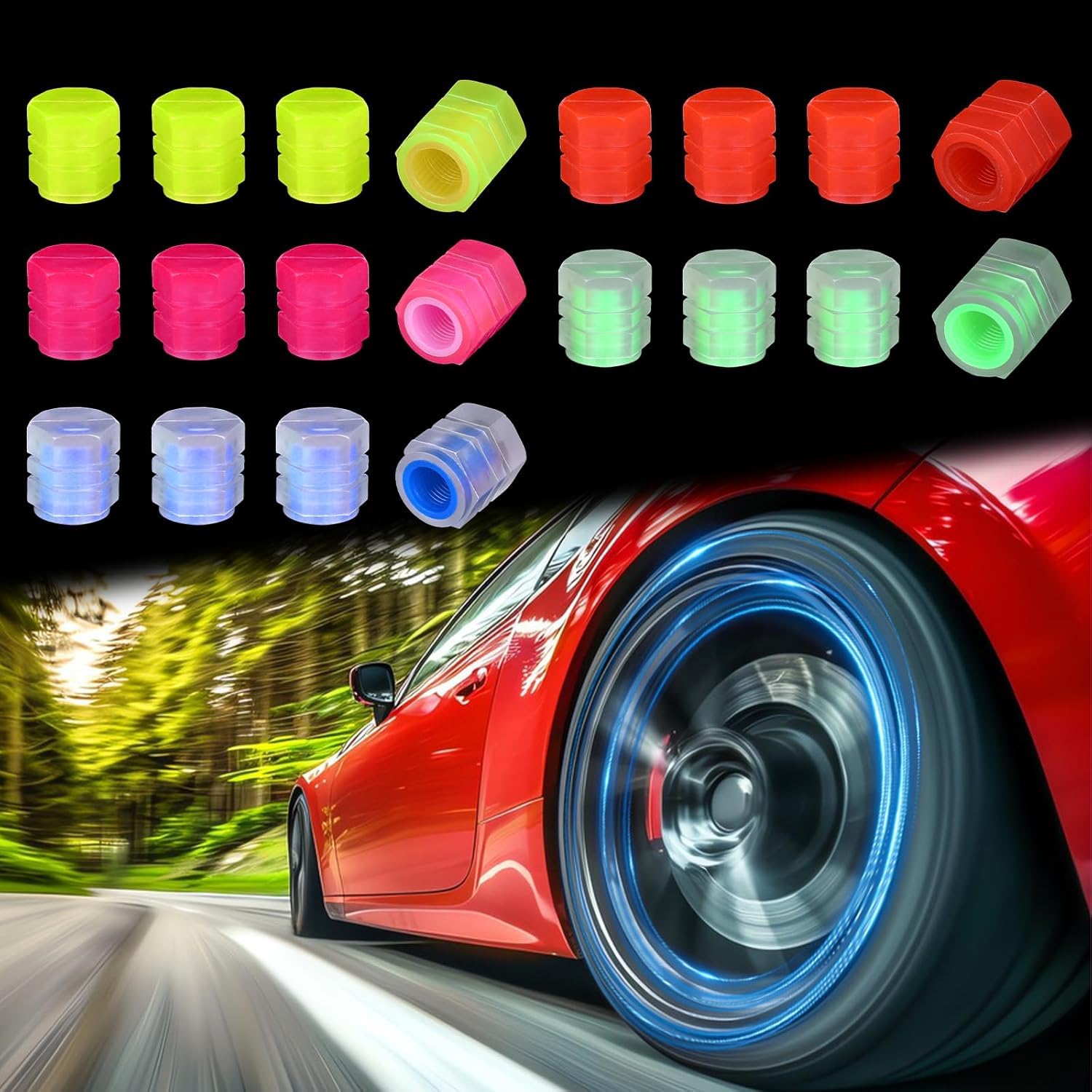 Lazer Tire Valve Stem Caps Glow in Tire Valve Caps Luminous Tire Valve Cover Tire Accessories for Universal Cars SUV Truck, Motorcycle, Bike, Cool Car Gifts
