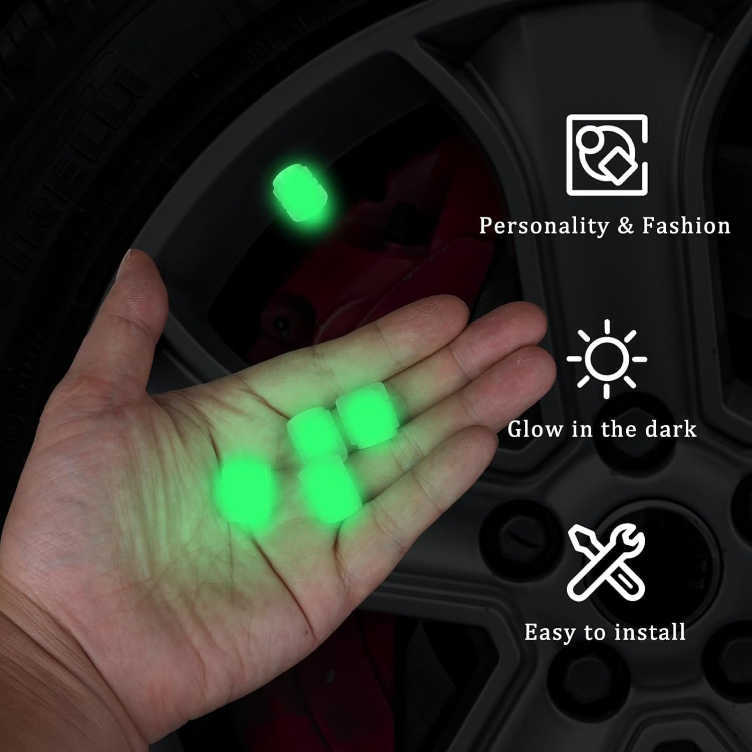 Lazer Tire Valve Stem Caps Glow in Tire Valve Caps Luminous Tire Valve Cover Tire Accessories for Universal Cars SUV Truck, Motorcycle, Bike, Cool Car Gifts
