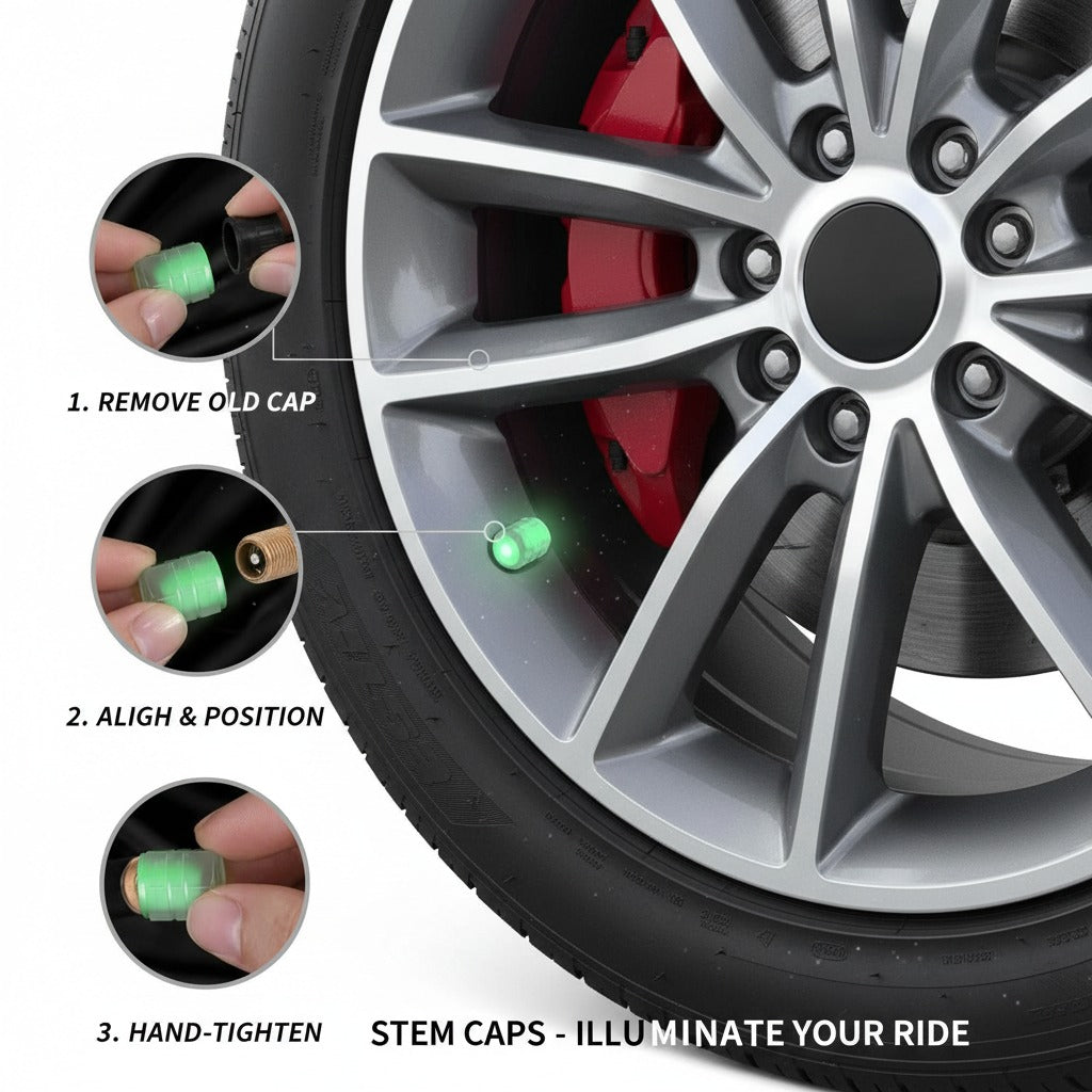 Lazer Tire Valve Stem Caps Glow in Tire Valve Caps Luminous Tire Valve Cover Tire Accessories for Universal Cars SUV Truck, Motorcycle, Bike, Cool Car Gifts